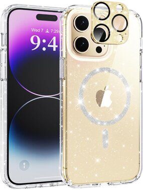 Glitter Clear Case for iPhone 14 Pro Max w/ Bling Camera Lens Protector, Non‑Yel